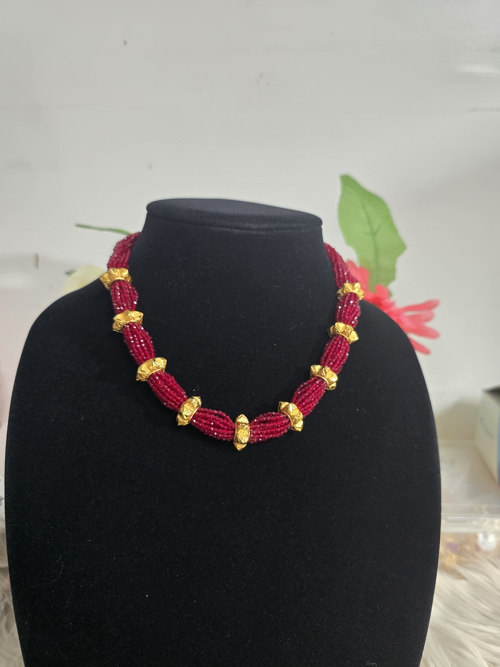 Red Beaded Necklace with Gold Accents Nepali Naugedi - Women Jewelry
